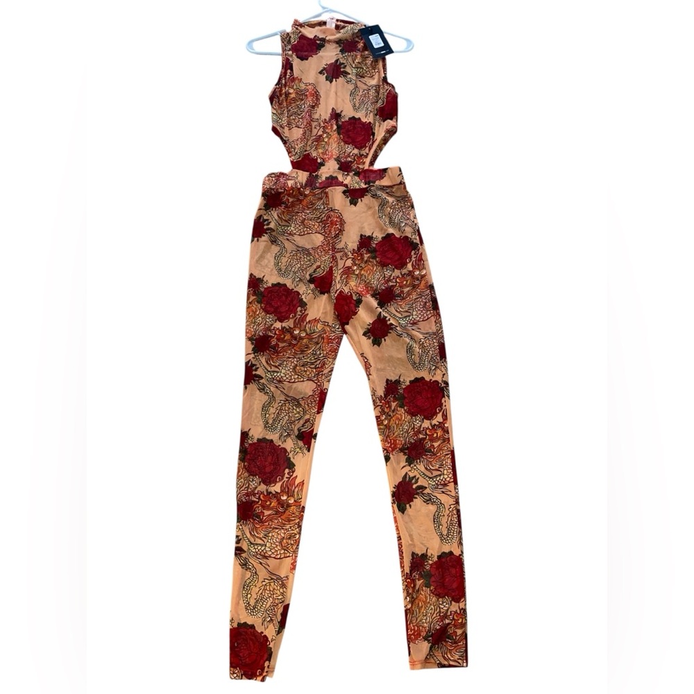 🔥 Statement Cut-Out Jumpsuit – Dragon & Rose Print 🔥